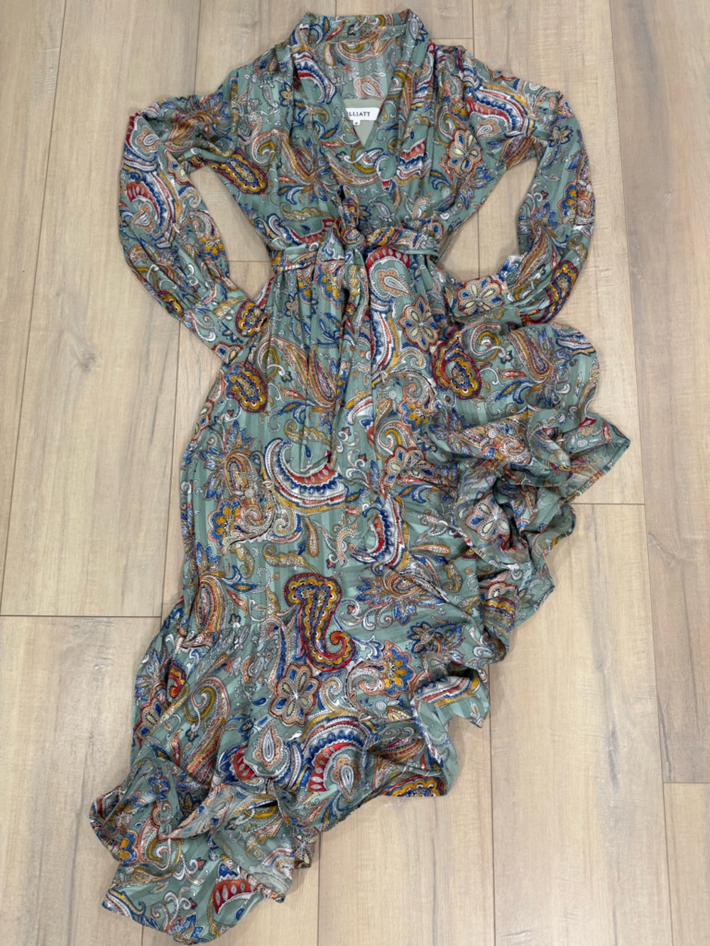 Elliatt Sage Green Paisley Ruffle Maxi Dress